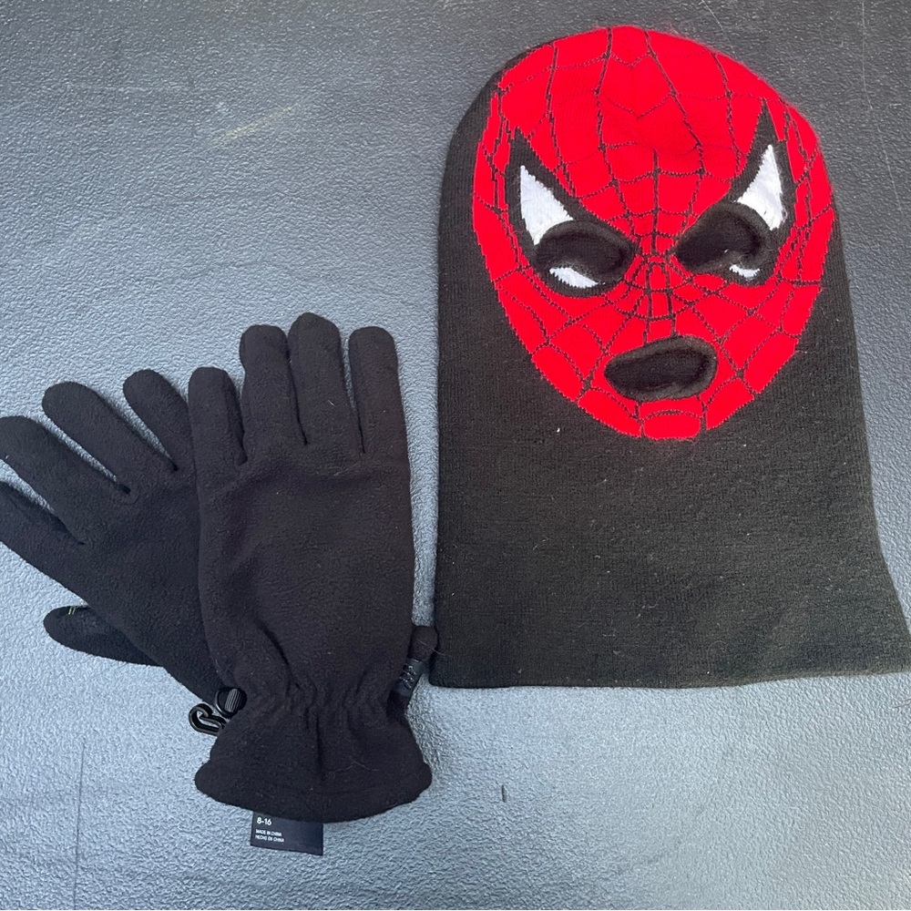 Marvel Spider-Man Knit Ski Mask OS  Black All in Motion Fleece Gloves Si…